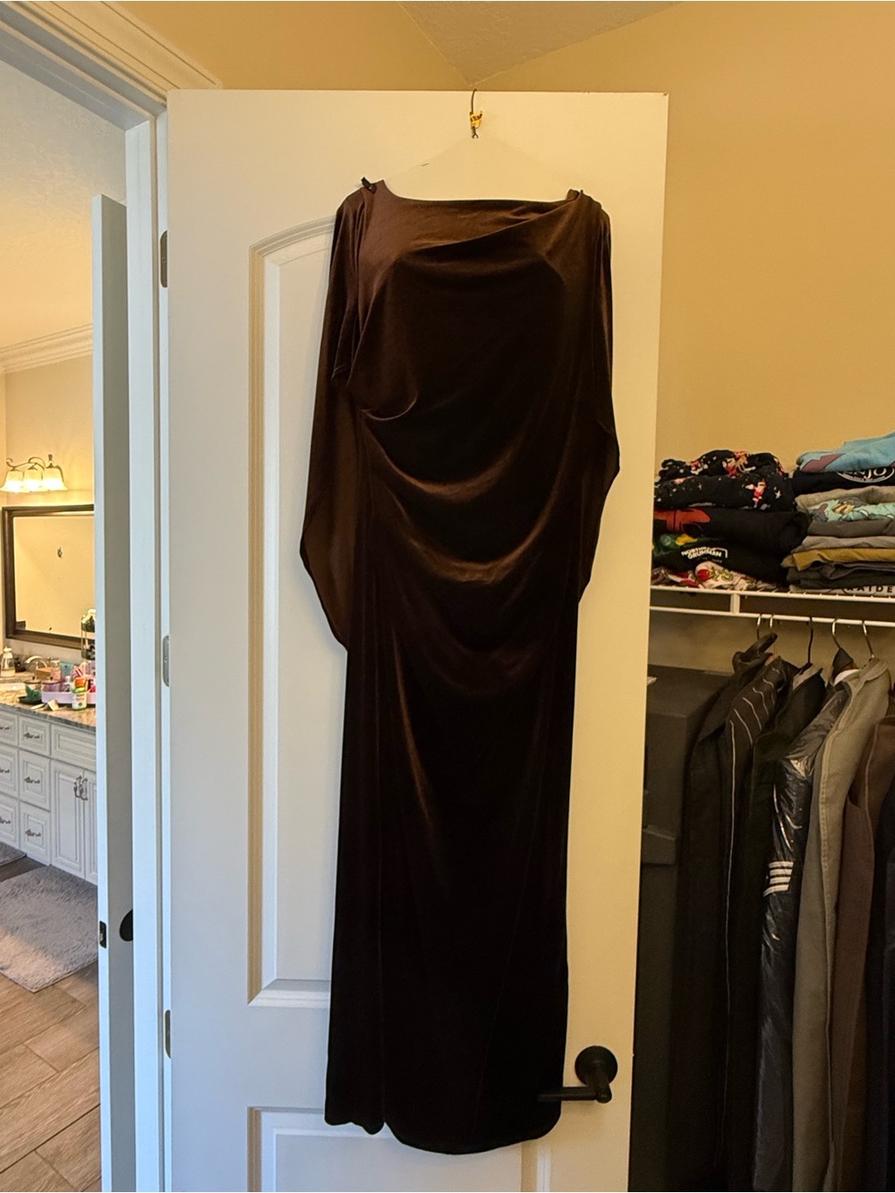 R&M Richards Brown Velvet Draped Maxi Dress